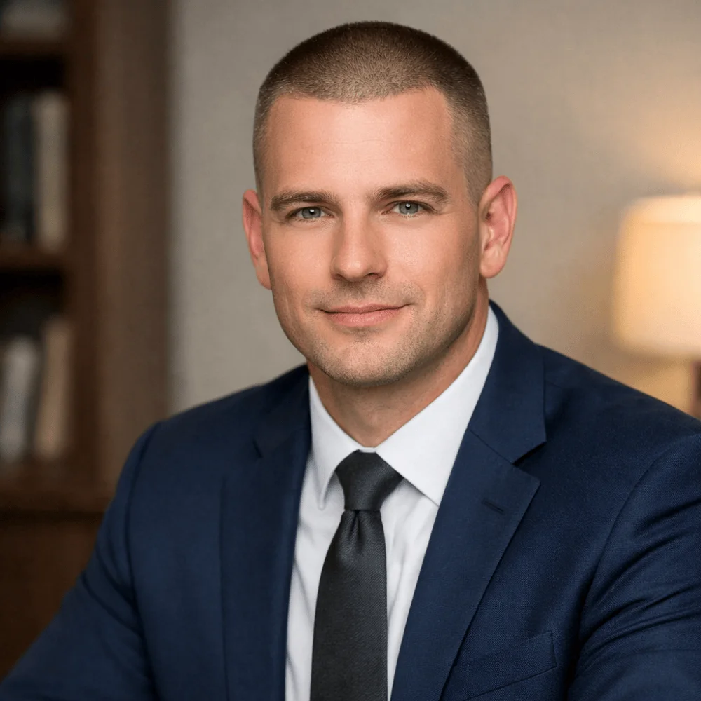 **Alt text:** Professional male author with a buzz cut hairstyle wearing a navy suit and tie, posing for a clean and polished headshot.