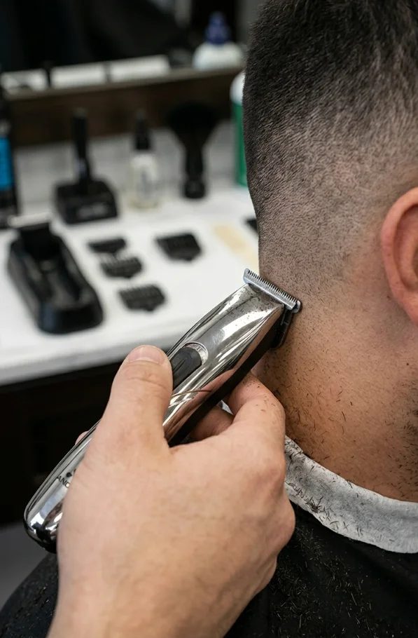 Andis Slimline Pro Trimmer being used to clean up the neckline, creating sharp lineups and precise edges during a professional haircut.