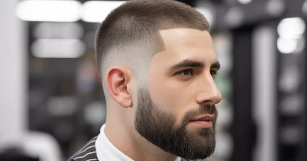 Side profile of a man with a sharp buzz cut fade and a full, well-groomed beard, featuring a clean lineup and a smooth gradient from the faded sides to the slightly longer hair on top.