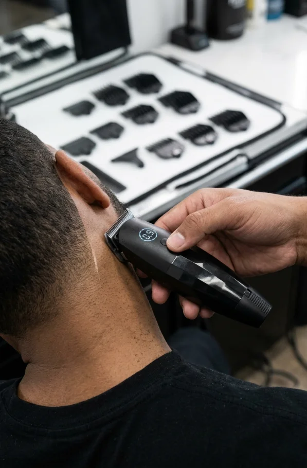 Man getting a precise neckline trim with Bevel Pro zero-gap clippers in a professional barbershop setting.