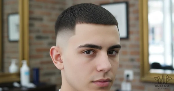 Man with a buzz cut fade with shape up for men, featuring a sharp straight hairline, clean low skin fade, and short evenly trimmed hair in a barbershop setting.