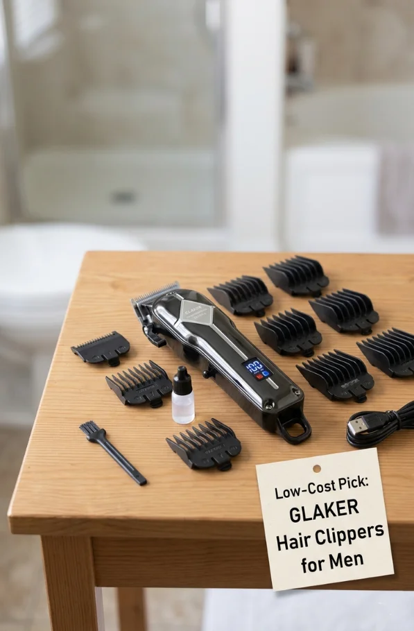 GLAKER Hair Clippers for Men kit with multiple guide combs, cleaning brush, oil, and USB cable arranged on a wooden table, budget-friendly clipper set for home haircuts and buzz cuts.
