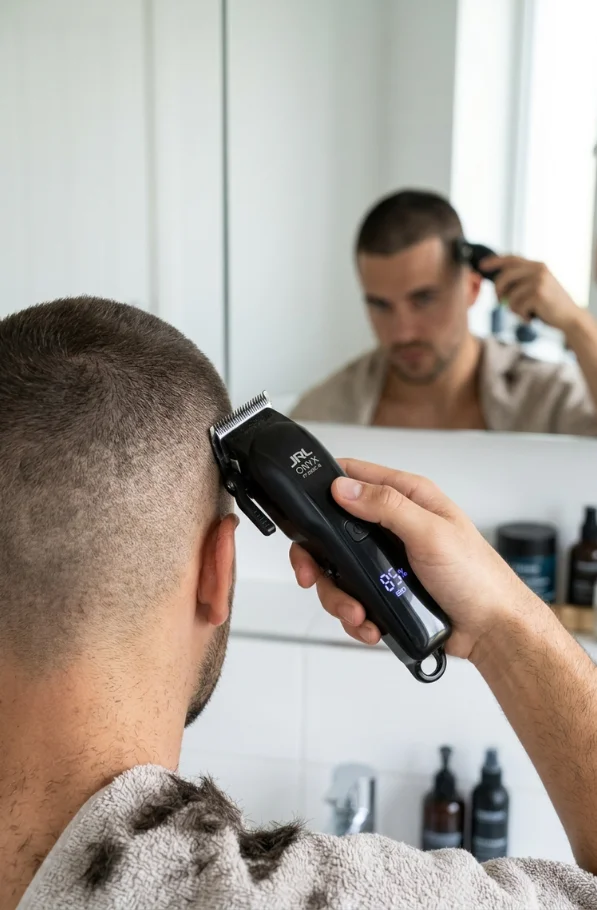 Onyx FF 2020c-B Pro Cordless Clipper in use for a self buzz cut, trimming short hair near the temple with a mirror view for precise and even results at home.