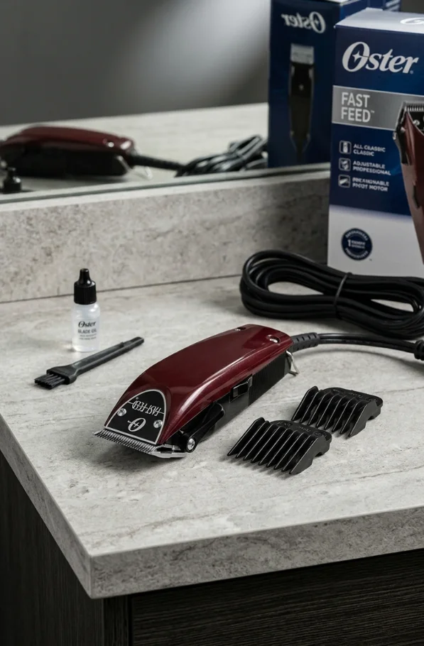 Oster Fast Feed adjustable pivot motor clipper with guard combs, cleaning brush, oil, and power cord displayed on a bathroom countertop with product box in the background.
