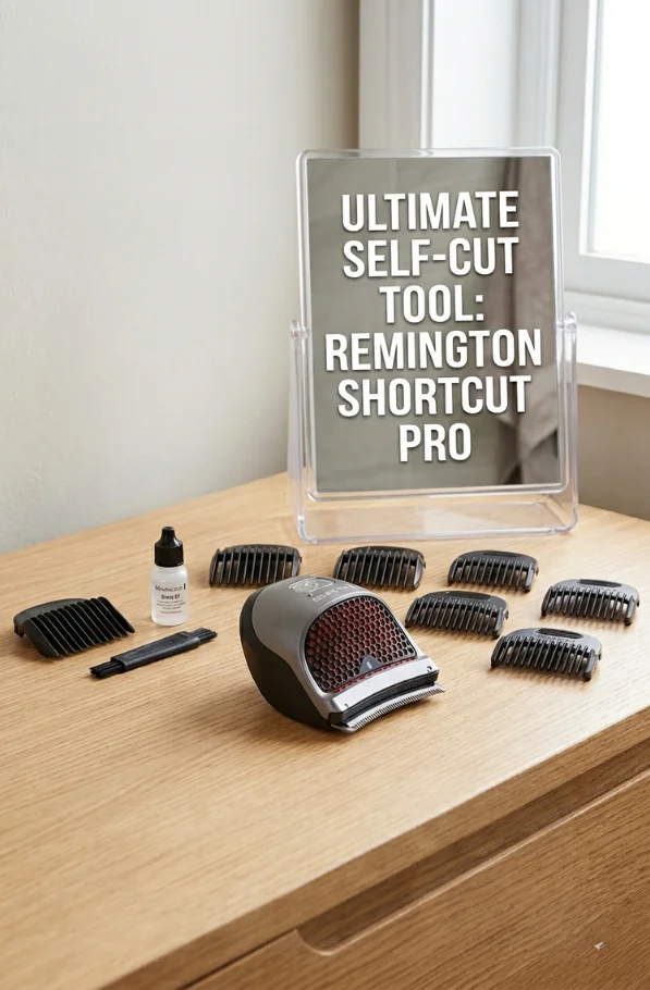 Remington Shortcut Pro self-haircut clipper with multiple comb guards and accessories arranged on a wooden surface, labeled as the ultimate self-cut tool.

