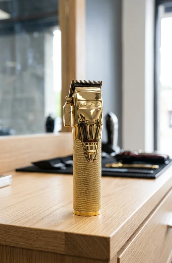 BaBylissPRO Metal FX Cordless Clipper in gold finish placed on a wooden counter, professional-grade hair clipper designed for precise fades, sharp lines, and barber-level performance.