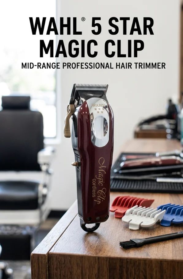 Wahl 5 Star Magic Clip cordless hair trimmer displayed on a barber station with guide combs and grooming tools in a professional barbershop.