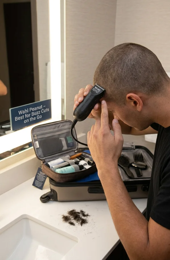 Man giving himself a buzz cut using a Wahl Peanut clipper in a bathroom, with a travel grooming kit and accessories open on the counter.
