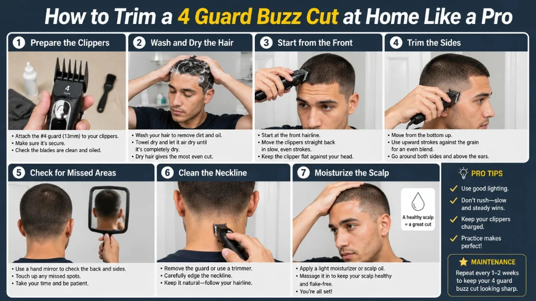How to trim a 4 guard buzz cut at home infographic showing a man using clippers step by step, including clipper prep, hair washing, trimming, neckline cleanup, scalp care, and maintenance tips