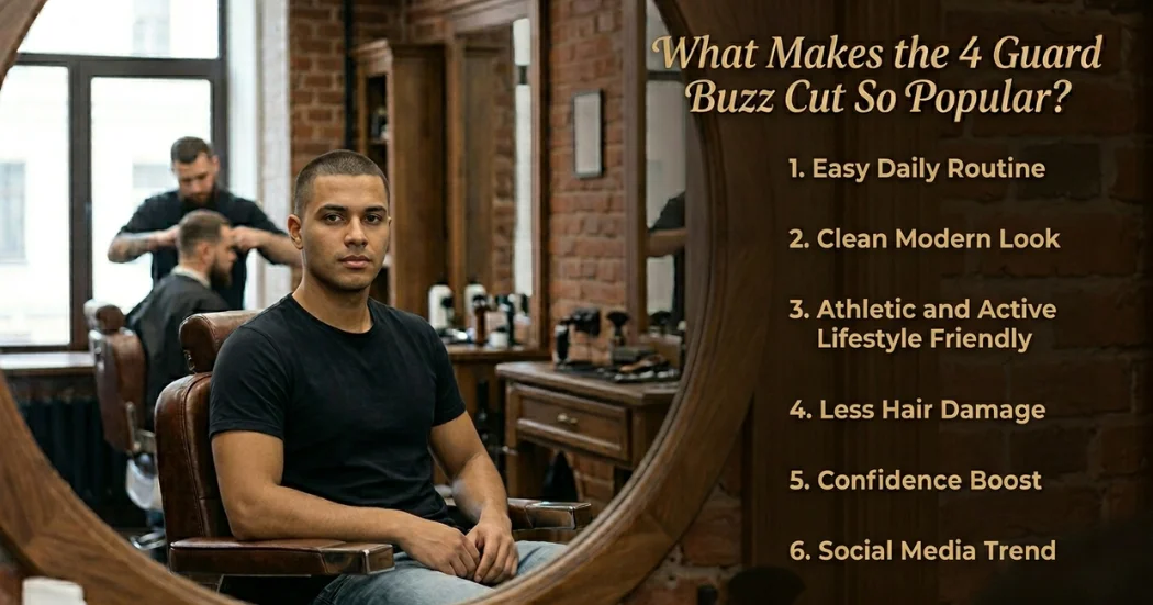 Man with a stylish 4 guard buzz cut sitting in a barbershop beside a guide explaining why the 4 guard buzz cut is popular for its clean look and easy maintenance.
