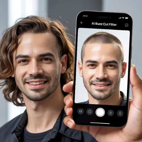 Smiling man using a buzz cut filter app on a smartphone, showing a realistic buzz cut hairstyle transformation preview
