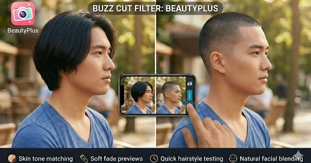 Side-by-side image of a man using the BeautyPlus buzz cut filter app, showing before and after hairstyle transformation from medium-length hair to a clean buzz cut preview on a smartphone screen
