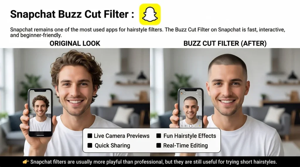 Snapchat Buzz Cut Filter comparison image showing a smiling man before and after a buzz cut transformation. The left side displays the original hairstyle with medium wavy hair, while the right side shows a clean buzz cut created using the Snapchat hairstyle filter. Both images include smartphone camera previews and text highlighting live editing and hairstyle effects.
