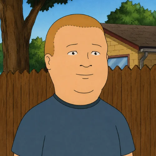 Bobby Hill from King of the Hill with a short buzz cut hairstyle standing outdoors near a wooden fence in a classic cartoon scene.
