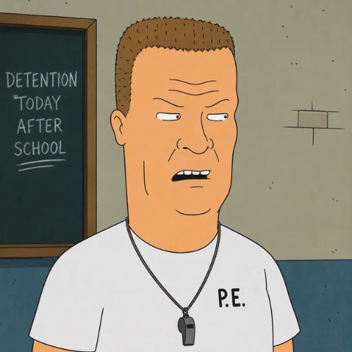Coach Buzzcut from Beavis and Butt-Head with classic buzz cut hairstyle and gym coach outfit – iconic cartoon buzz cut character