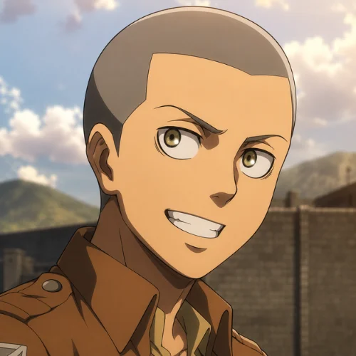 Connie Springer from Attack on Titan with a sharp buzz cut hairstyle and confident expression in an anime action scene.
