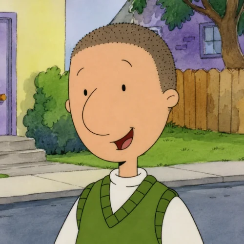 Doug Funnie from *Doug* showing a clean buzz cut hairstyle while smiling outdoors in a suburban neighborhood, wearing a green sweater vest over a white shirt.
