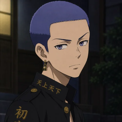 Hakkai Shiba buzz cut hairstyle from Tokyo Revengers featuring short blue hair, earrings, and black uniform – anime buzz cut inspiration