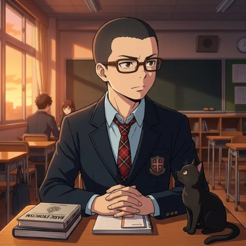 Konekomaru Miwa from Blue Exorcist sitting in a classroom wearing glasses, a school uniform, and a neat buzz cut hairstyle, with a black cat beside him and warm sunset lighting in the background, featured on buzz-cut.net.

