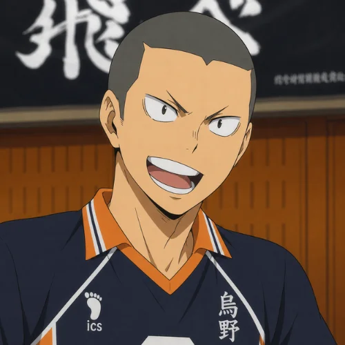 Ryunosuke Tanaka buzz cut hairstyle from Haikyū!! wearing Karasuno volleyball jersey – anime buzz cut inspiration