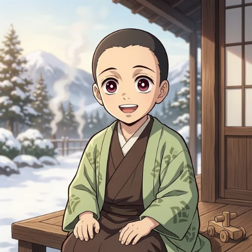 Shigeru Kamado from Demon Slayer: Kimetsu no Yaiba sitting on a wooden porch in a snowy mountain setting, featuring a clean buzz cut hairstyle, traditional kimono clothing, and a cheerful smile, showcased on buzz-cut.net.
