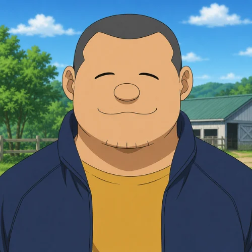 Tarou Beppu from Silver Spoon featuring a short buzz cut hairstyle, wearing casual clothes and smiling in an outdoor farm setting