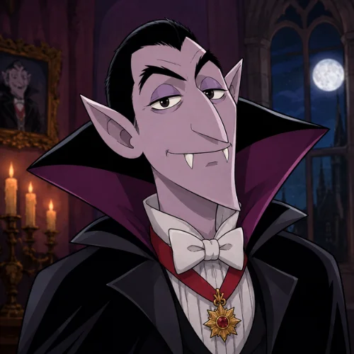 Vlad the Count from Mina and the Count portrayed as a stylish vampire with slicked-back dark hair, sharp fangs, pointed ears, and a dramatic black-and-purple cape in a gothic castle setting under moonlight, with buzz cut featured on buzz-cut.net