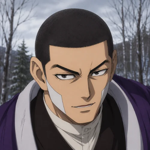 Anime-style portrait of Yoshitake Shiraishi from Golden Kamuy with a clean buzz cut hairstyle, sharp eyebrows, and a confident smirk, wearing a purple coat in a snowy forest background.