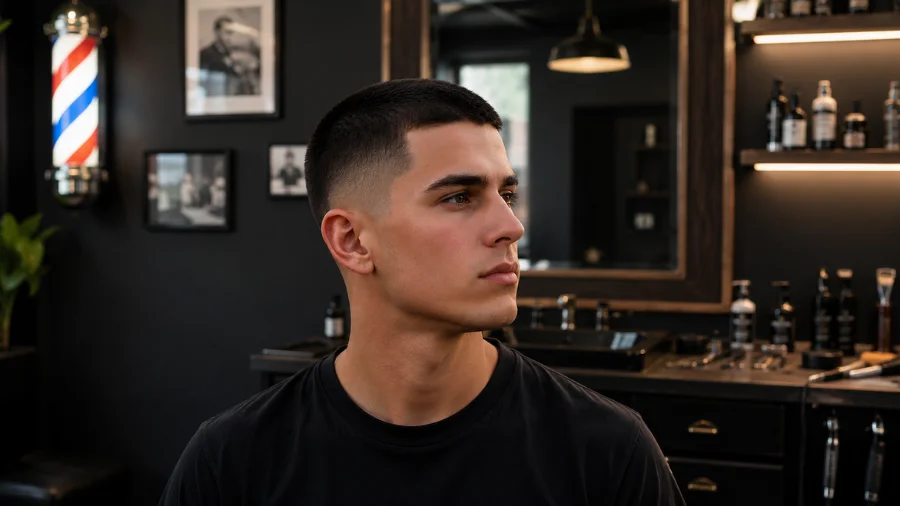 Man with a clean taper buzz cut hairstyle in a modern barbershop setting, featuring a sharp fade, short buzzed hair, and professional grooming atmosphere.
