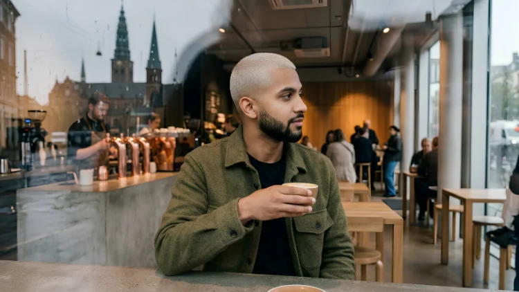 man with a bleached buzz cut fade sitting in a modern café, holding a cup of coffee and looking to the side, with a blurred urban background visible through large glass windows and people in the café behind him.