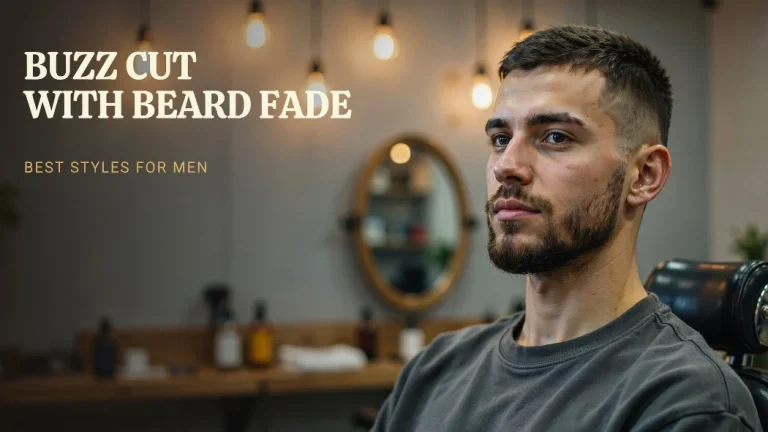 Man with a buzz cut and beard fade sitting in a modern barbershop, with overlay text reading “Buzz Cut with Beard Fade – Best Styles for Men