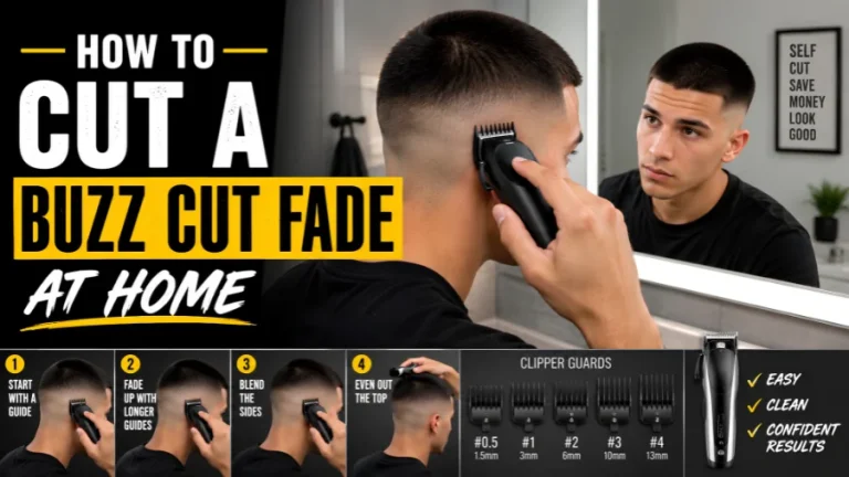 YouTube-style tutorial thumbnail showing a young man cutting his own buzz cut fade at home with electric clippers in front of a bathroom mirror. Bold text reads “How to Cut a Buzz Cut Fade at Home,” with a bottom step-by-step strip showing clipper guards, fading steps, and grooming tools