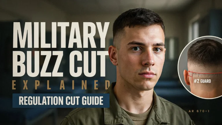 A promotional graphic titled “MILITARY BUZZ CUT EXPLAINED – REGULATION CUT GUIDE” showing a young man with a short military-style buzz cut fade. The image includes a close-up inset of the back of the head highlighting a #2 guard haircut length, with clean faded sides. The design has a modern barbershop and military-themed aesthetic.
