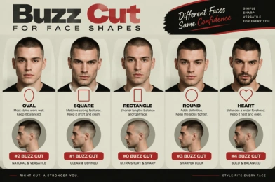Buzz cut styles for different face shapes including oval, square, rectangle, round, and heart face shape haircut examples.