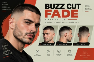 Modern buzz cut fade hairstyle with front, side, and back views showing a clean low fade haircut for men with a sharp and stylish appearance.