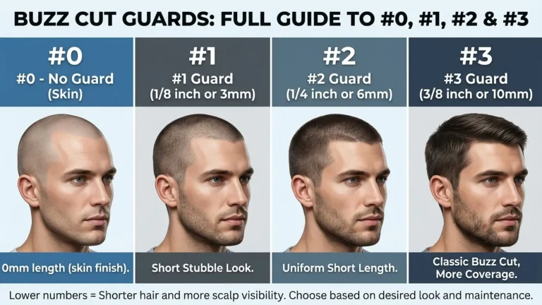 An infographic comparison titled "Buzz Cut Guards: Full Guide to #0, #1, #2 & #3" showing a man with four different hair lengths side-by-side, ranging from a #0 skin-shave (0mm) to a #3 guard (10mm or 3/8 inch)