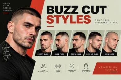 Men's buzz cut styles infographic featuring short buzz, buzz fade, crew buzz, line up buzz, and skin buzz haircut examples.
