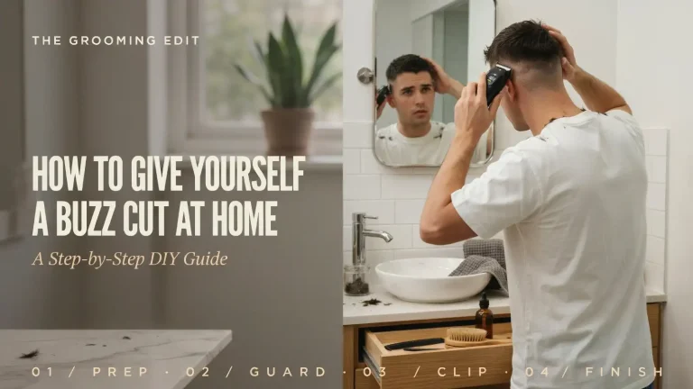 A man trimming the sides of his short haircut with an electric hair clipper in front of a bathroom mirror, demonstrating how to buzz cut at home with a DIY guide covering preparation, guard selection, clipping, and finishing steps.