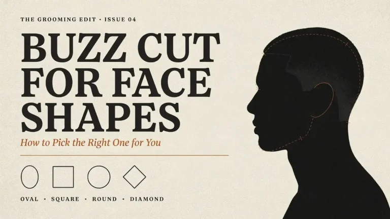 Buzz cut face shape guide featuring a black silhouette of a man's head in profile, with oval, square, round, and diamond face shape icons and the text "Buzz Cut for Face Shapes: How to Pick the Right One for You.