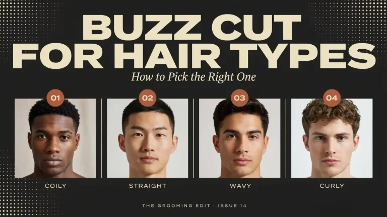 Infographic titled 'Buzz Cut for Hair Types: How to Pick the Right One' showing four men with different hair textures suitable for buzz cuts. The examples are labeled 01 Coily, 02 Straight, 03 Wavy, and 04 Curly, with each hairstyle displayed in a separate panel on a dark background.