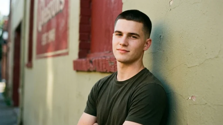 A young man with a classic buzz cut wearing a dark t-shirt, leaning against a pale olive-green wall outdoors next to a brick red facade.