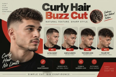 Curly hair buzz cut styles guide showing textured buzz cuts, ultra short buzz, and curly top haircut variations for men.