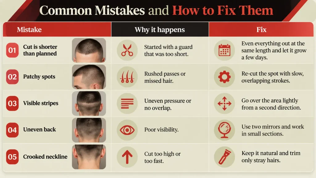 Infographic titled “Common Mistakes and How to Fix Them” showing a buzz cut troubleshooting table with three columns: Mistake, Why it happens, and Fix. The table highlights five common haircut errors: cutting the hair shorter than planned due to choosing a guard that is too short, patchy spots caused by rushed passes or missed hair, visible stripes from uneven pressure or lack of overlap, an uneven back due to poor visibility, and a crooked neckline from cutting too high or too fast. Each row includes a practical solution, with a cream background, black text, and red accent design elements.