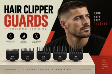 Hair clipper guards displayed with different buzz cut lengths (#0, #1, #2, #3, and #4) alongside a man with a short buzz cut hairstyle, featuring hair clipper guard sizes for precise cutting control and grooming styles.