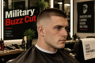 Man with a military buzz cut featuring a short, even top and clean tapered sides in a modern barbershop.