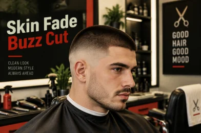 Man with a clean skin fade buzz cut in a modern barbershop.
