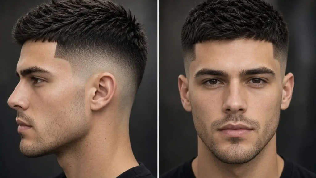 Side-by-side views of a textured buzz cut hairstyle showing a clean low fade, short textured top, sharp hairline, and modern men’s grooming style from profile and front angles against a dark background.
