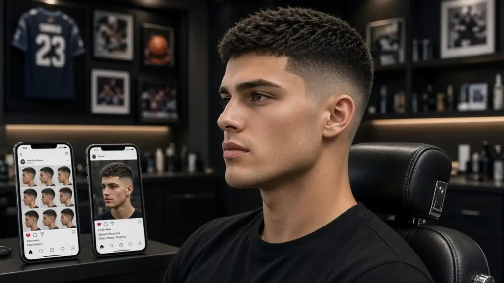 A young man with a textured buzz cut and mid fade sits in a black leather barber chair inside a modern dark-toned barbershop. He wears a black t-shirt and looks slightly to the side with a calm expression. Two smartphones on the counter display Instagram-style posts of similar short textured hairstyles. In the background, framed sports memorabilia including a navy jersey numbered 23 and basketball photos hang on the wall under warm accent lighting.