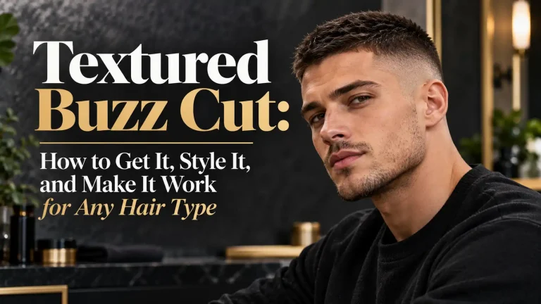 Textured buzz cut hairstyle on a young man with a clean fade and modern grooming style, featured in an editorial hair guide cover with the title “Textured Buzz Cut: How to Get It, Style It, and Make It Work for Any Hair Type” on a dark premium background.