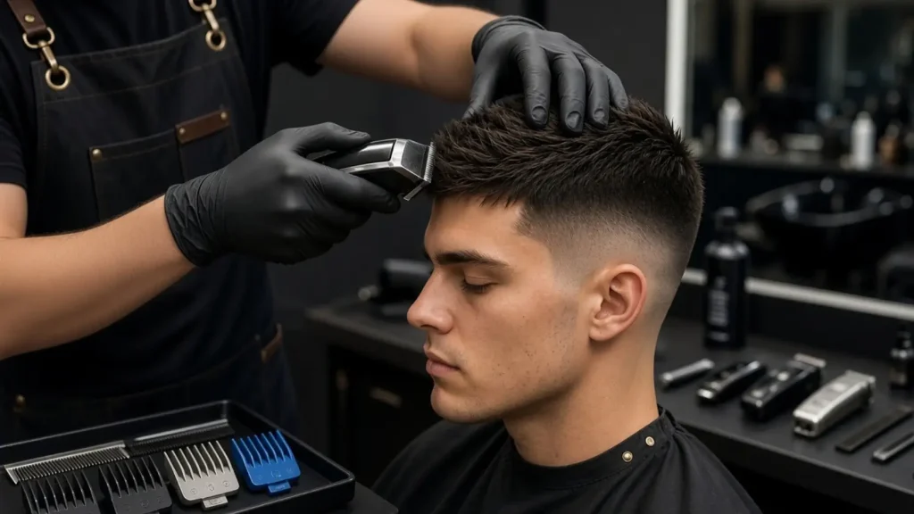 A professional barber with clean, tattoo-free arms wearing black gloves and a dark denim apron uses electric clippers to create a textured buzz cut on a young man seated in a black salon cape. The barber’s left hand steadies the client’s head while the right hand guides the clippers across the top of the short, textured dark hair with a clean fade on the sides. In the foreground, a black tray holds several clipper guards of different sizes, including a blue one. The modern barbershop background features a mirror, black counter, and grooming tools under soft lighting.